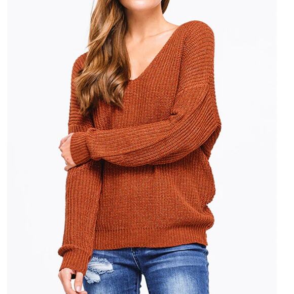 Rust open back chunky sweater women's  oversize medium knit twist back - Picture 2 of 9